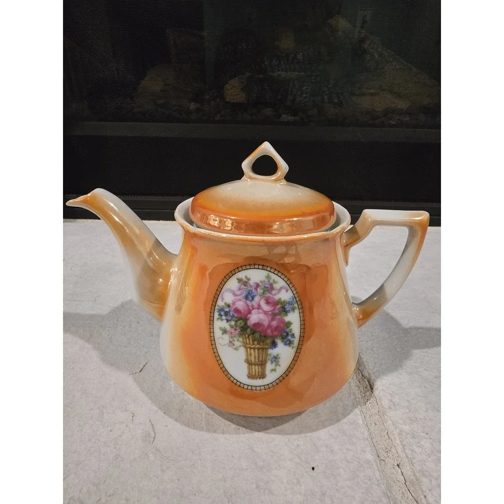 VTG Eleanor of‎ Germany Burnt Orange Lusterware Teapot Porcelain Floral Basket